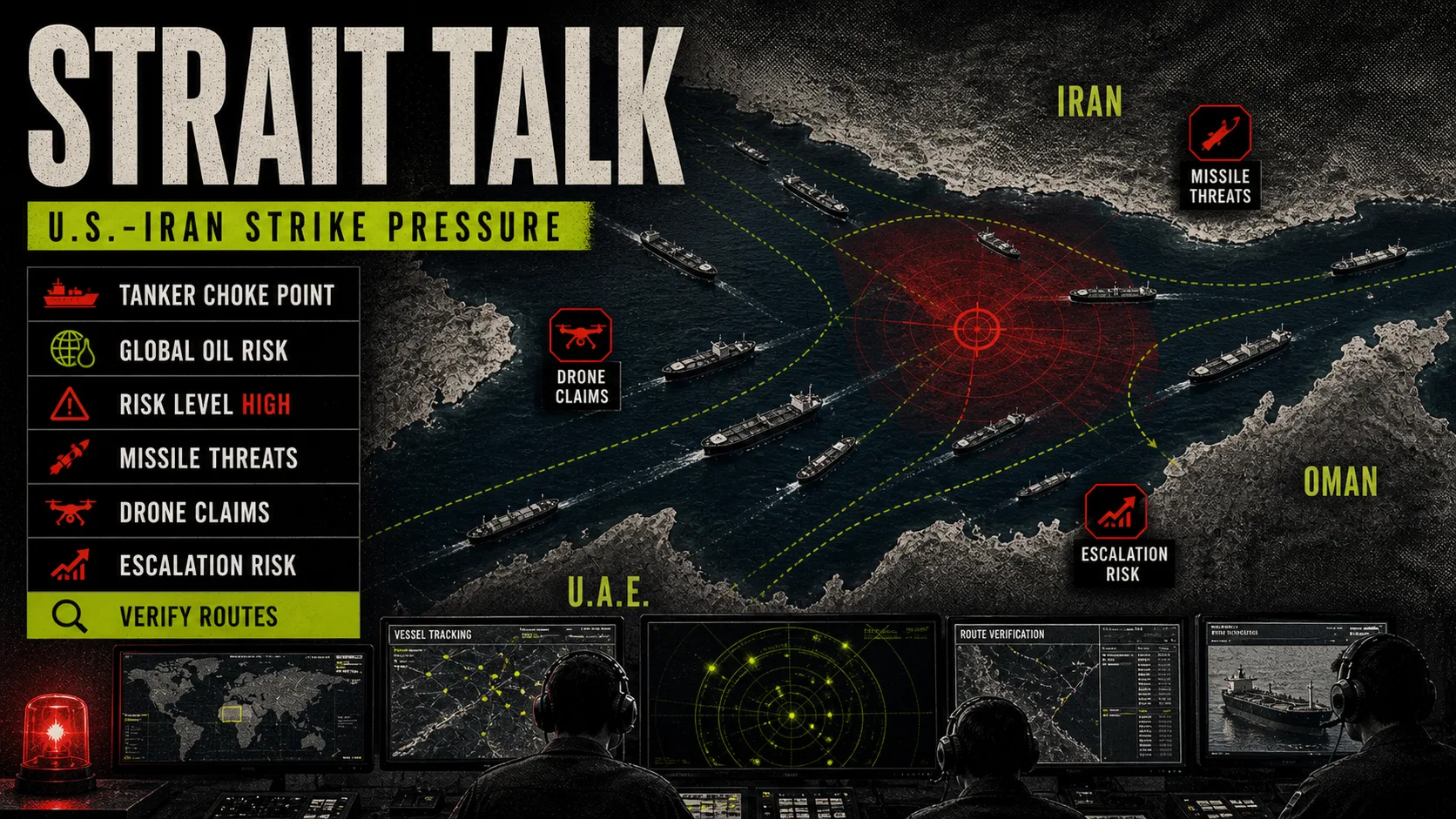 Strait of Hormuz maritime control-room map labeled Strait Talk with tankers in water lanes and route-verification markers.